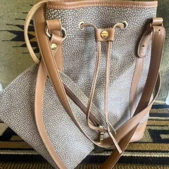 Borbonese Bucket Bag Leather/ Canvas Drawstring w/Pouch Vintage 1980 Italy - Picture 2 of 10
